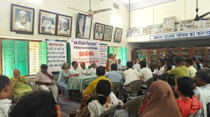 Members of civil society organizations on Sept. 25, 2025 discuss strategies to fight Rajasthan state, India anti-conversion bill.