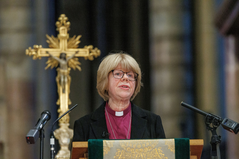 Dame Sarah Mullally delivers her first address after being appointed the 106th Archbishop of Canterbury, Oct. 3, 2025, in London. Mullally will be the first woman to lead the worldwide Anglican Communion of 85 million members.