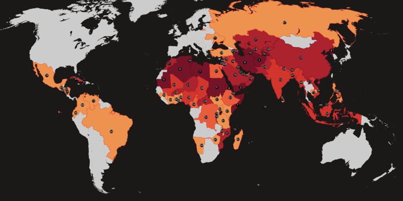 Map highlights the countries where access to the Bible is restricted due to legal bans, persecution, and socio-political barriers.