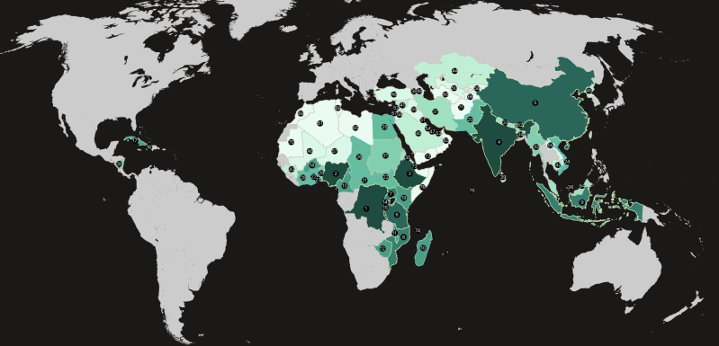 Map shows the nations with the greatest Bible shortages, including the Democratic Republic of Congo, Nigeria, Ethiopia, India, and China, where millions of Christians still await a copy of Scripture.