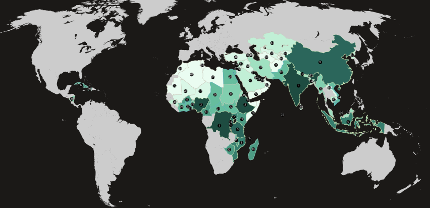 Map shows the nations with the greatest Bible shortages, including the Democratic Republic of Congo, Nigeria, Ethiopia, India, and China, where millions of Christians still await a copy of Scripture.