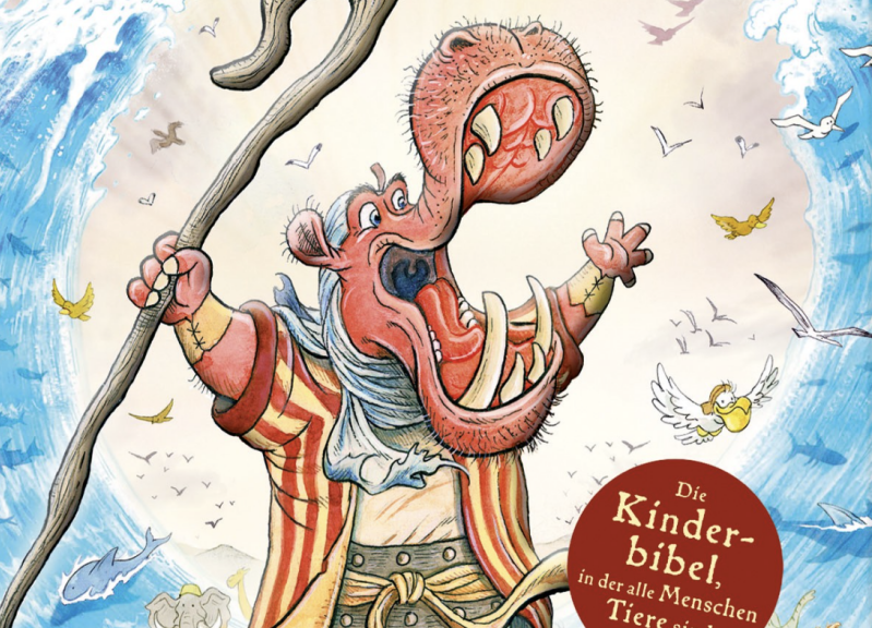 Cover of “The Lion of Judah” children’s Bible by the German Bible Society, featuring Moses as a hippopotamus leading the Exodus.