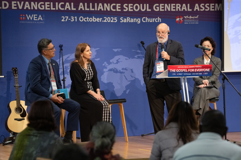 Dr. Darrell Bock speaks during the “Living the Gospel in Culture and Cities” panel at the World Evangelical Alliance General Assembly in Seoul, emphasizing that transforming cities begins with changed hearts and faithful gospel presence.