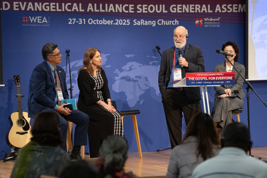 Dr. Darrell Bock speaks during the “Living the Gospel in Culture and Cities” panel at the World Evangelical Alliance General Assembly in Seoul, emphasizing that transforming cities begins with changed hearts and faithful gospel presence.