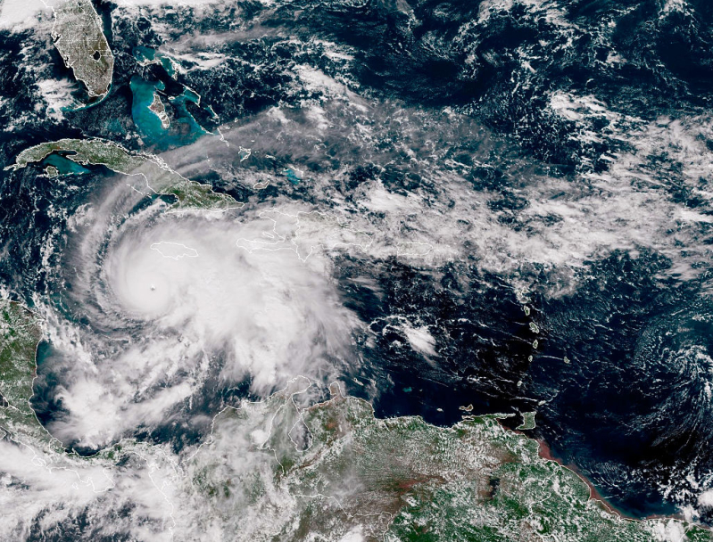 IN SPACE, CARIBBEAN SEA - OCTOBER 27: In this handout satellite image provided by the National Oceanic and Atmospheric Administration (NOAA), Hurricane Melissa churns northwest through the Caribbean Sea captured at 17:00Z on October 27, 2025. Hurricane Me