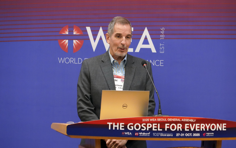 Dr. Brad Smith, Director of Alliance Engagement for the World Evangelical Alliance, presents participant figures and organizational updates during a press briefing at the WEA General Assembly in Seoul, South Korea, on Oct. 28, 2025.