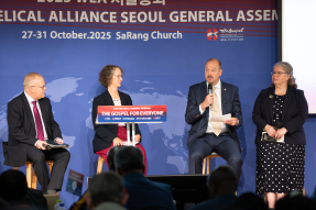 From left to right: Gaetan Roy, Dr. Janet Epp Buckingham, Kyle Wisdom, and Jennifer Roemhildt Tunehag speak during the advocacy panel at the World Evangelical Alliance General Assembly in Seoul, South Korea.