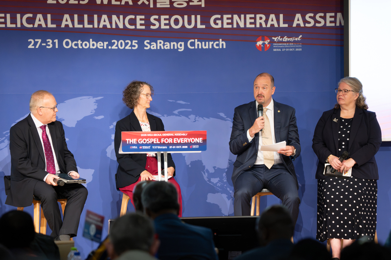 From left to right: Gaetan Roy, Dr. Janet Epp Buckingham, Kyle Wisdom, and Jennifer Roemhildt Tunehag speak during the advocacy panel at the World Evangelical Alliance General Assembly in Seoul, South Korea.
