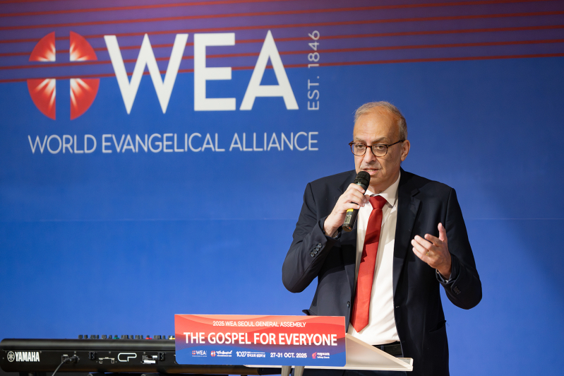 Rev. Botrus Mansour delivers the morning devotional on the final day of the WEA General Assembly in Seoul, urging delegates to celebrate unity in Christ amid global diversity.