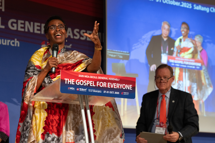 Valentine Gitoho speaks during a panel on celebrating the gospel through generosity at the WEA General Assembly in Seoul, emphasizing integrity and accountability as essential foundations for Christian stewardship.