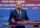 Godfrey Yogarajah, newly elected Chair of the World Evangelical Alliance International Council, delivers remarks during a press conference at the General Assembly in Seoul, Korea, Oct. 30, 2025.