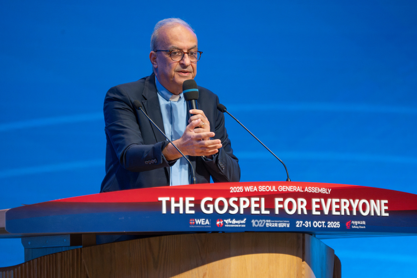 Rev. Botrus Mansour, newly installed Secretary General and CEO of the World Evangelical Alliance, delivers his inaugural address at the General Assembly in Seoul, South Korea, Oct. 31, 2025, calling the global church to unity and gospel impact.