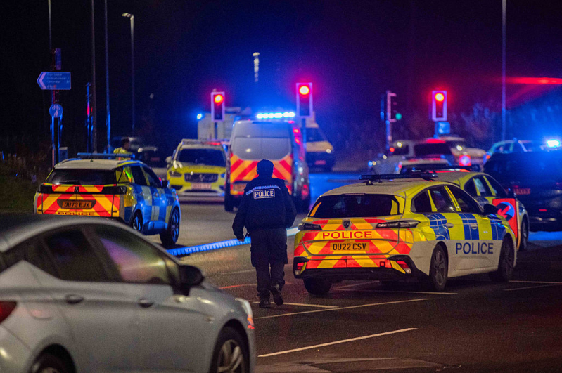 Police and other emergency responders attend to Huntingdon Station on November 2, 2025 in Huntingdon, England after a stabbing attack on a train.