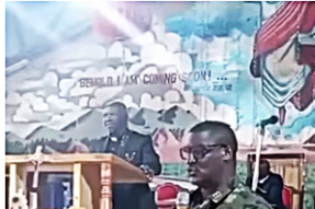 Nigerian Army representative addresses the Rev. Ezekiel Dachomos church, offering protection.