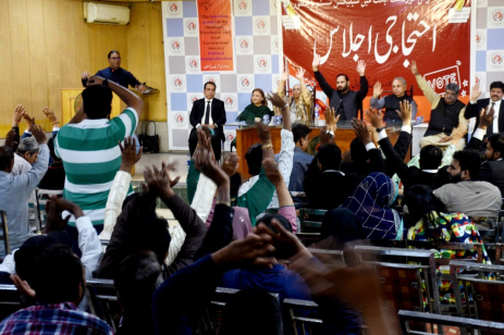Participants of a peoples assembly protest against the new Local Government Act that bars direct election on reserved seats for minorities