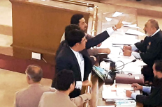 Opposition members in Pakistan protest anti-child marriage bill in Balochistan provincial assembly on Nov. 14, 2025.