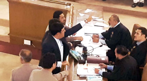 Opposition members in Pakistan protest anti-child marriage bill in Balochistan provincial assembly on Nov. 14, 2025.