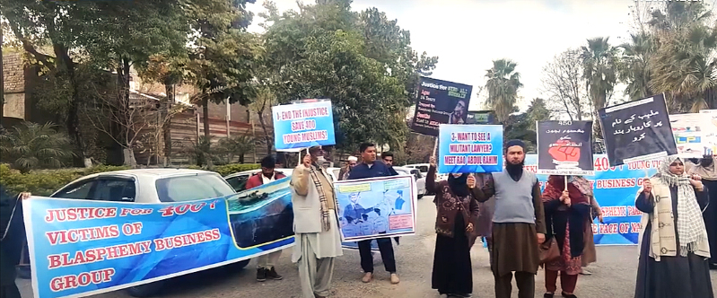 Families of victims of false blasphemy cases protest outside National Press Club in Islamabad, Pakistan on Jan. 10, 2025.