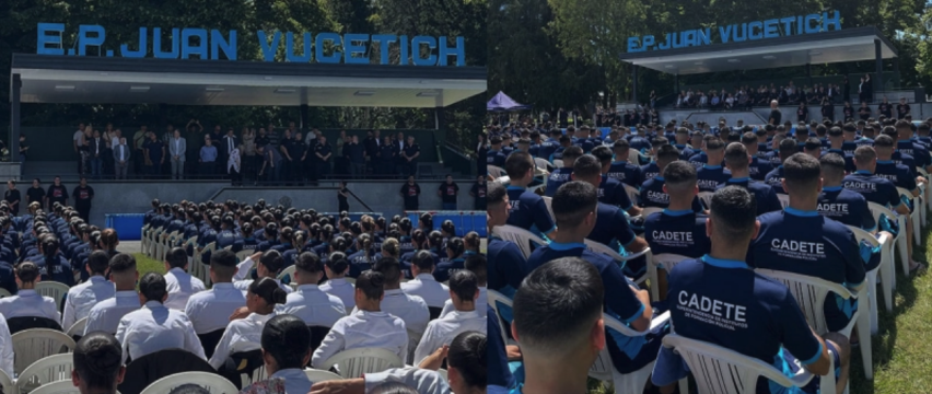 Buenos Aires Provincial Police cadets take part in a spiritual gathering at the Juan Vucetich Police Academy, where ACIERA supported the baptism ceremony and shared the event with provincial authorities.