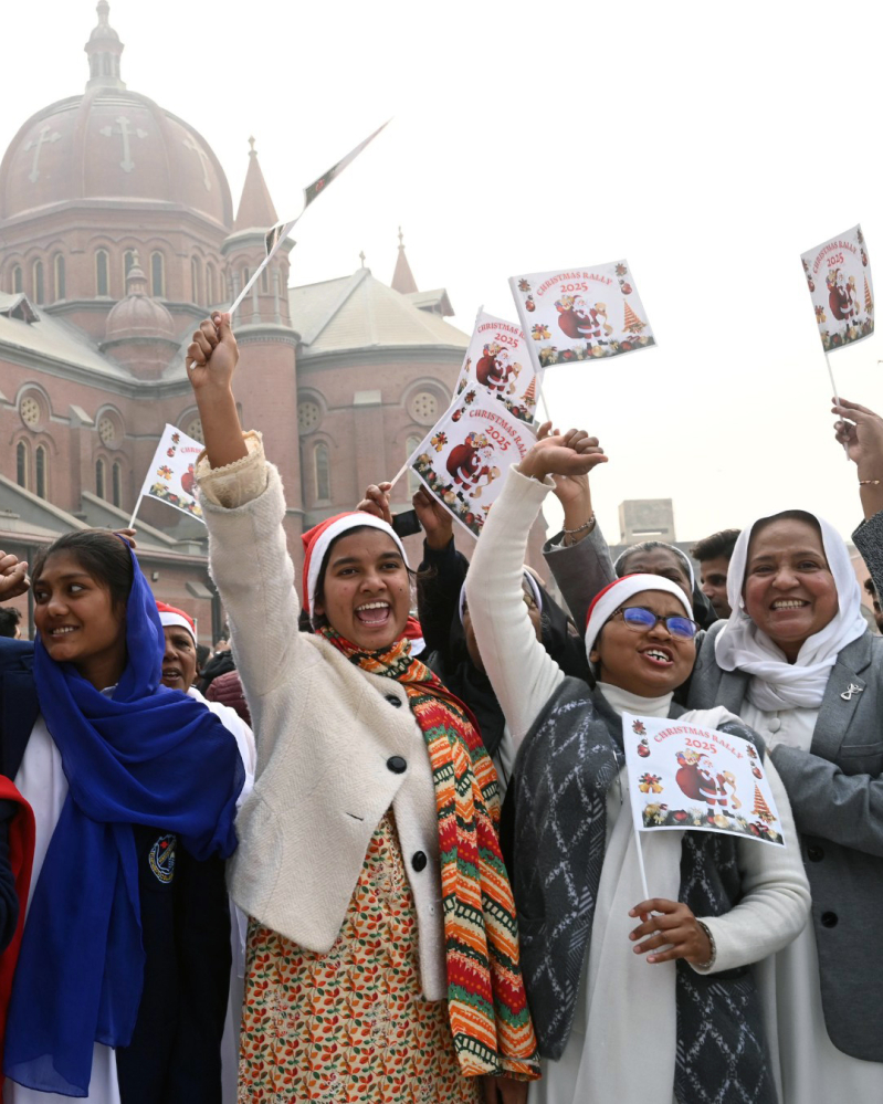 Christians take part in the first government-sponsored Christmas rally organized by the Punjab provincial government in Lahore on Dec. 14, 2025.