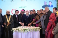 Prime Minister Shehbaz Sharif cuts the Christmas cake with Christian leaders and government officials at a special ceremony held at the PMs House on Dec 25, 2025.