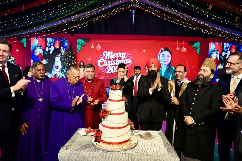 Punjab Chief Minister Maryam Nawaz Sharif and other leaders at a special government-sponsored Christmas event at the Cathedral Church in Lahore on Dec. 25, 2025.