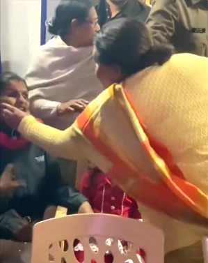 Local BJP official Anju Bhargava accuses Safalta Kartik of converting to Christianity at Christmas event for blind children in Jabalpur, Madhya Pradesh state, India on Dec. 20, 2025.