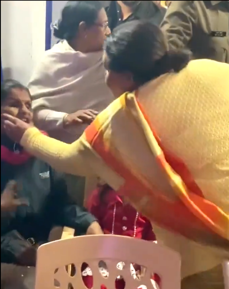 Local BJP official Anju Bhargava accuses Safalta Kartik of converting to Christianity at Christmas event for blind children in Jabalpur, Madhya Pradesh state, India on Dec. 20, 2025.
