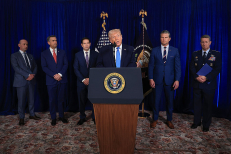 White House Deputy Chief of Staff and Homeland Security Advisor Stephen Miller, CIA Director John Ratcliffe, U.S. Secretary of State Marco Rubio, U.S. Secretary of War Pete Hegseth and Chairman of the Joint Chiefs of Staff Dan Caine listen as U.S. Preside