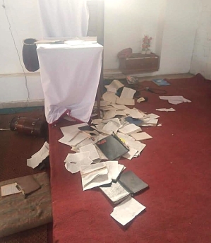 Bibles and hymnbooks torn at church in Ghanekey village, Kasur District, Punjab Province, Pakistan on Jan. 5, 2026.