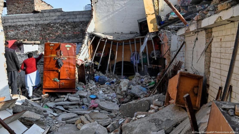 Damage is seen at a family home in Islamabad after a gas cylinder explosion during post-wedding celebrations killed eight people, including newlyweds, and injured several others.