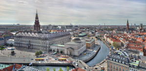 Christiansborg Palace and Chapel on Slotsholmen in Copenhagen, Denmark, seen from the top of St. Nicolas Church.