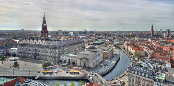 Christiansborg Palace and Chapel on Slotsholmen in Copenhagen, Denmark, seen from the top of St. Nicolas Church.