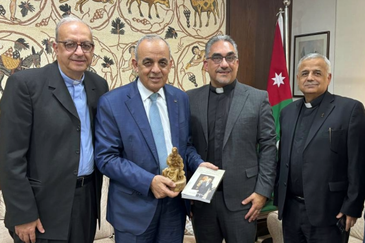AMMAN, Jordan — From left, World Evangelical Alliance Secretary General Rev. Botrus Mansour, Jordan’s Minister of Tourism and Antiquities Imad Hijazeen, Rev. Dr. Jack Sara of Bethlehem Bible College, and Rev. Dr. Nabeeh Abbasi meet in Amman on Jan. 19 to