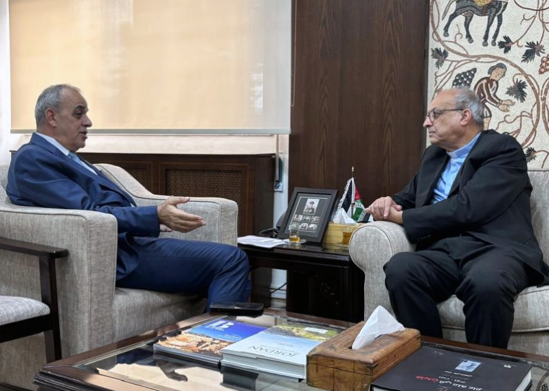 AMMAN, Jordan — Jordan’s Minister of Tourism and Antiquities Imad Hijazeen, left, speaks with World Evangelical Alliance Secretary General Rev. Botrus Mansour during a meeting in Amman on Jan. 19 focused on promoting Christian pilgrimage and cooperation w
