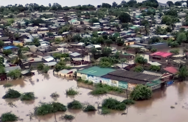 MOZAMBIQUE — An aerial view shows floodwaters inundating residential neighborhoods in Mozambique, where torrential rains have displaced hundreds of thousands of people and caused widespread damage across several provinces.