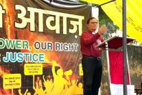 The Rev. Richard Howell addresses rally against persecution of Christians in Jantar Mantar, New Delhi on Aug. 22, 2025.