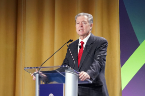 Sam Brownback, co-chair of the International Religious Freedom Summit and former U.S. ambassador-at-large for international religious freedom, speaks during the opening session of the IRF Summit at the Washington Hilton in Washington, Monday, Feb. 2.