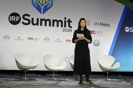 Grace Jin Drexel, daughter of imprisoned Chinese pastor Ezra Jin, speaks at the sixth annual International Religious Freedom Summit in Washington, Monday, Feb. 2, 2026.