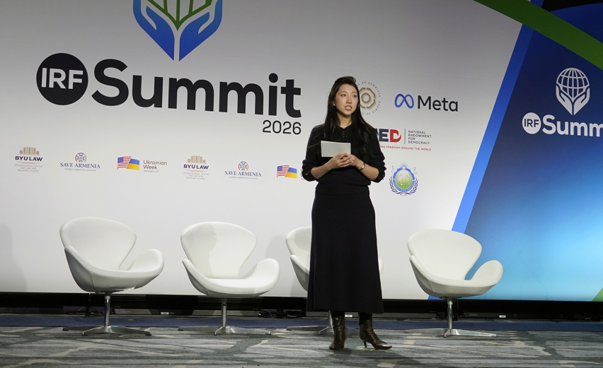 Grace Jin Drexel, daughter of imprisoned Chinese pastor Ezra Jin, speaks at the sixth annual International Religious Freedom Summit in Washington, Monday, Feb. 2, 2026.