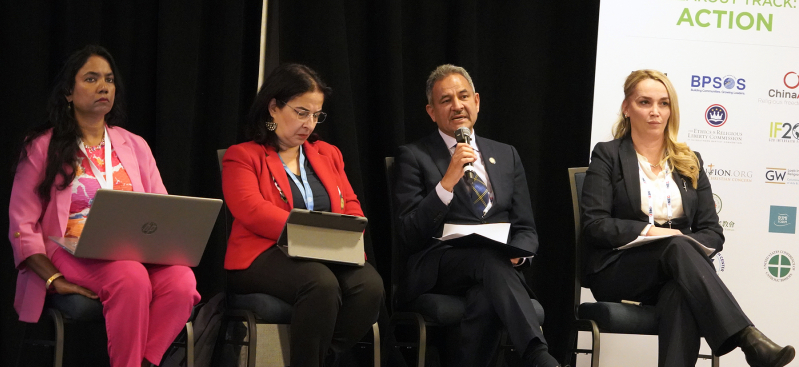 Asif Mahmood (second from right), vice chair of the U.S. Commission on International Religious Freedom, speaks during a panel at the sixth annual International Religious Freedom Summit in Washington, D.C.