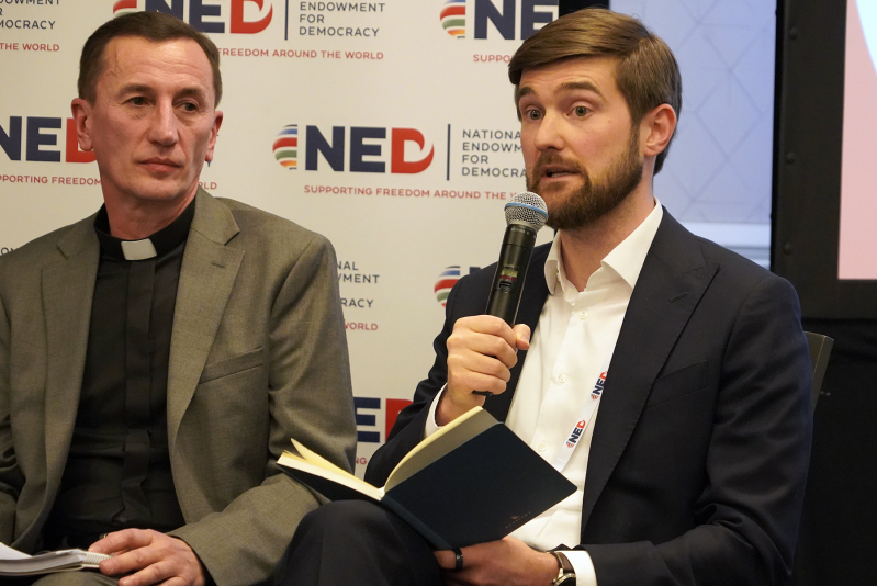 Dmytro Koval, co-director of the Ukrainian human rights group Truth Hounds, speaks during the International Religious Freedom Summit on Feb. 3 about the Kremlin’s use of the Russian Orthodox Church to legitimize occupation and repression in Ukraine, descr