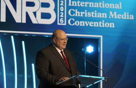 Troy Miller, president and CEO of NRB, delivers the opening address at the NRB 2026 International Christian Media Convention in Nashville, Tenn., on Feb. 17, 2026, urging Christian communicators to close the “orthodoxy gap” between belief and obedience.