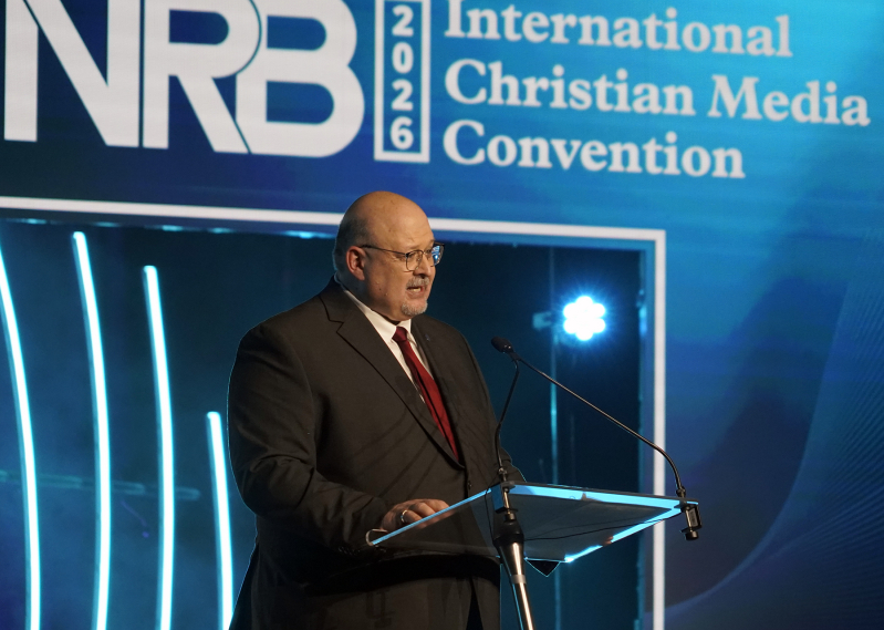 Troy Miller, president and CEO of NRB, delivers the opening address at the NRB 2026 International Christian Media Convention in Nashville, Tenn., on Feb. 17, 2026, urging Christian communicators to close the “orthodoxy gap” between belief and obedience.