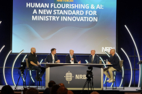 Panelists discuss the ethical and theological implications of artificial intelligence during a forum on human flourishing and ministry innovation at the NRB 2026 International Christian Media Convention in Nashville.