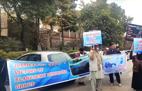 Families of victims of false blasphemy cases protest outside National Press Club in Islamabad, Pakistan on Jan. 10, 2025. (