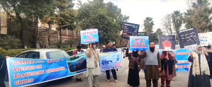 Families of victims of false blasphemy cases protest outside National Press Club in Islamabad, Pakistan on Jan. 10, 2025. (
