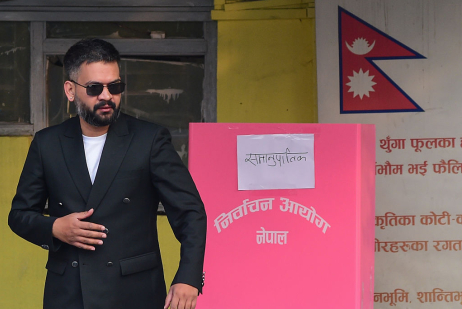 Balendra Shah, a leading figure of the Rastriya Swatantra Party (RSP) and a candidate for prime minister, leaves a polling station after casting his vote during Nepal’s parliamentary elections in Kathmandu.