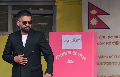Balendra Shah, a leading figure of the Rastriya Swatantra Party (RSP) and a candidate for prime minister, leaves a polling station after casting his vote during Nepal’s parliamentary elections in Kathmandu.