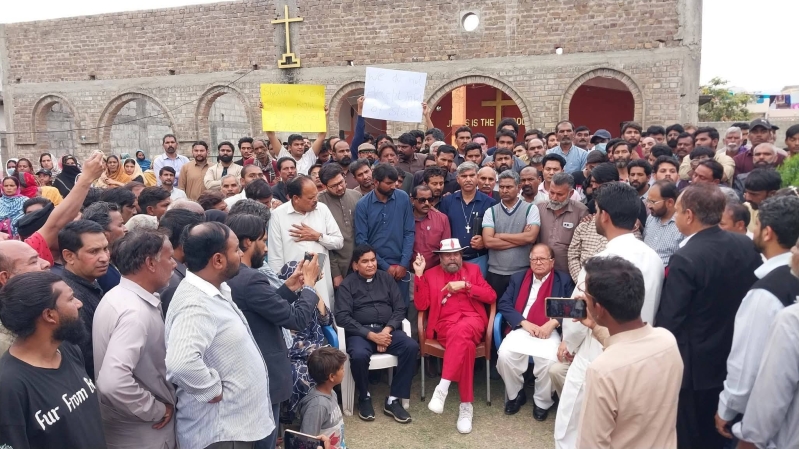 Community leaders and residents protest against the planned evictions of Christian slum residents by the municipal authority of Pakistans federal capital, Islamabad.
